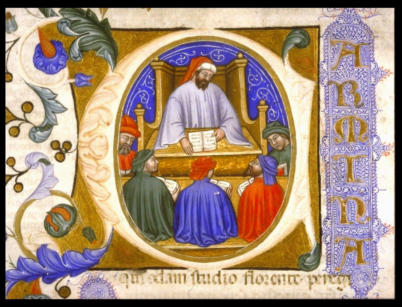 Initial depicting Boethius teaching his students from folio 4r of a manuscript of the Consolation of Philosophy (Italy?, 1385)