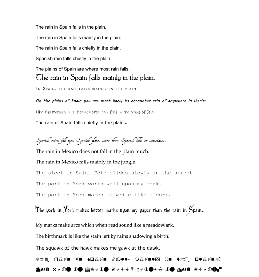 A sheet of paper with multiple variants inspired by the phrase "The rain in Spain falls mainly in the plain."
