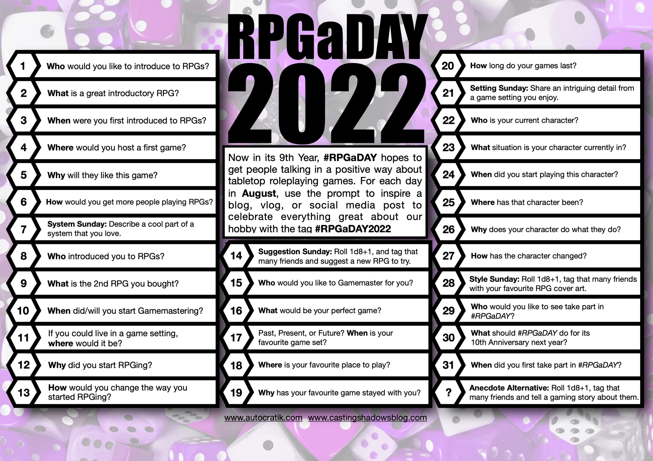 RPGaDay Banner and questions list
